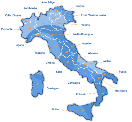 Cartina geografica dell'Italia con link alle ultime iniziative delle varie Regioni